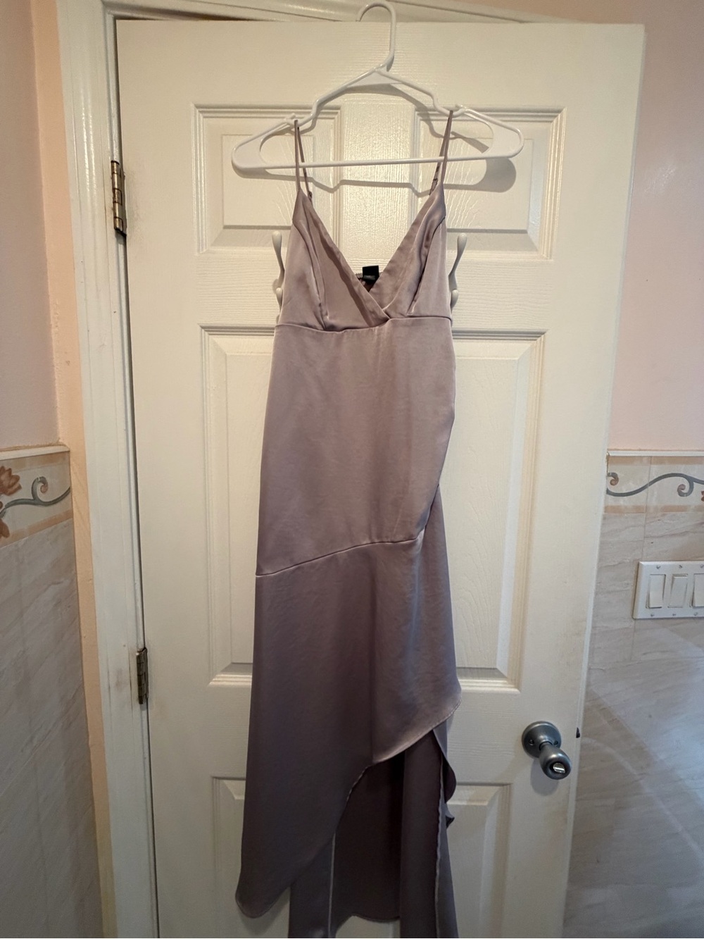 Satin V-Neck Asymmetrical Slip Dress in Lavender Gray